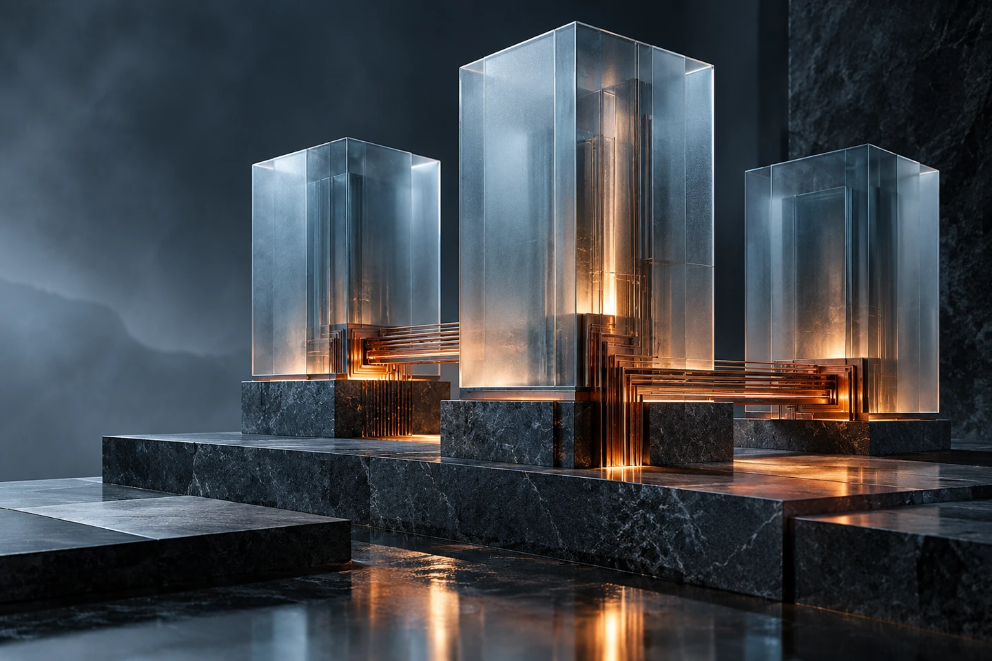 Glass architectural forms connected by copper bridges, an illustration of cloud infrastructure
