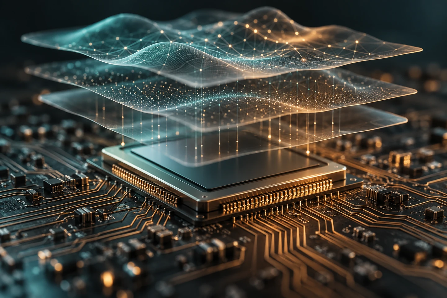 Silicon processor and copper pathways illustrating artificial intelligence