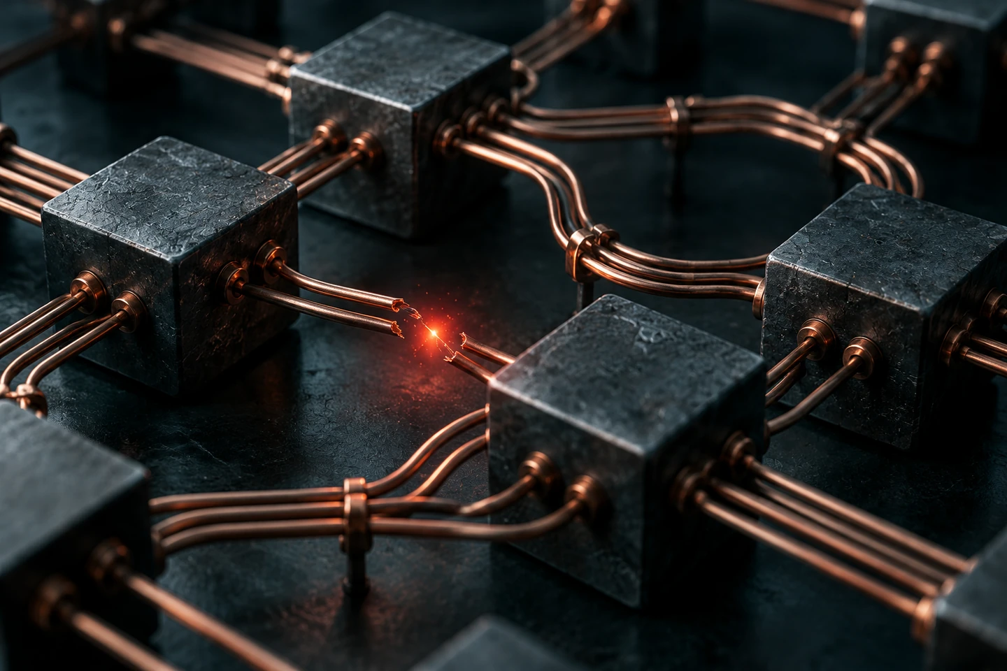 Interrupted and resilient copper pathways illustrating cyber threats