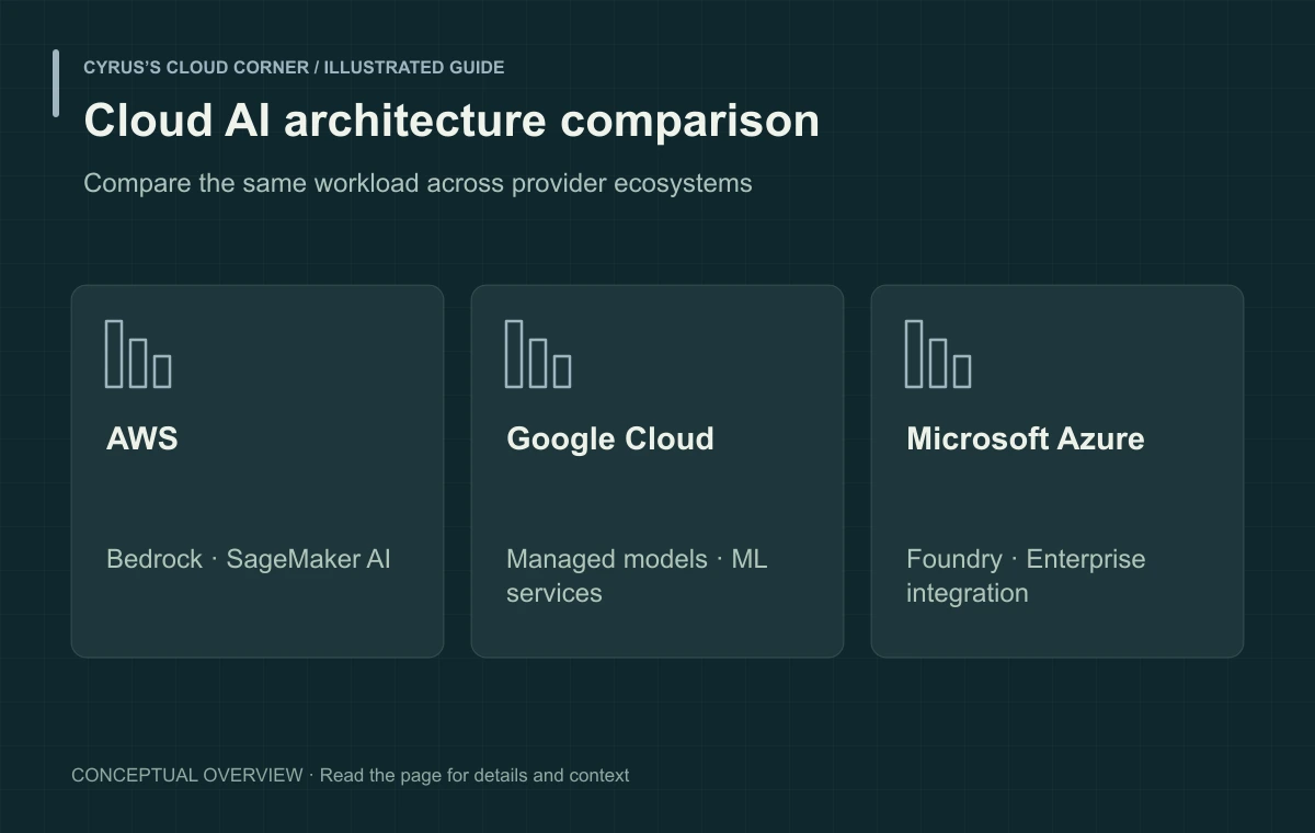 Cloud AI architecture comparison illustrated with AWS, Google Cloud, Microsoft Azure