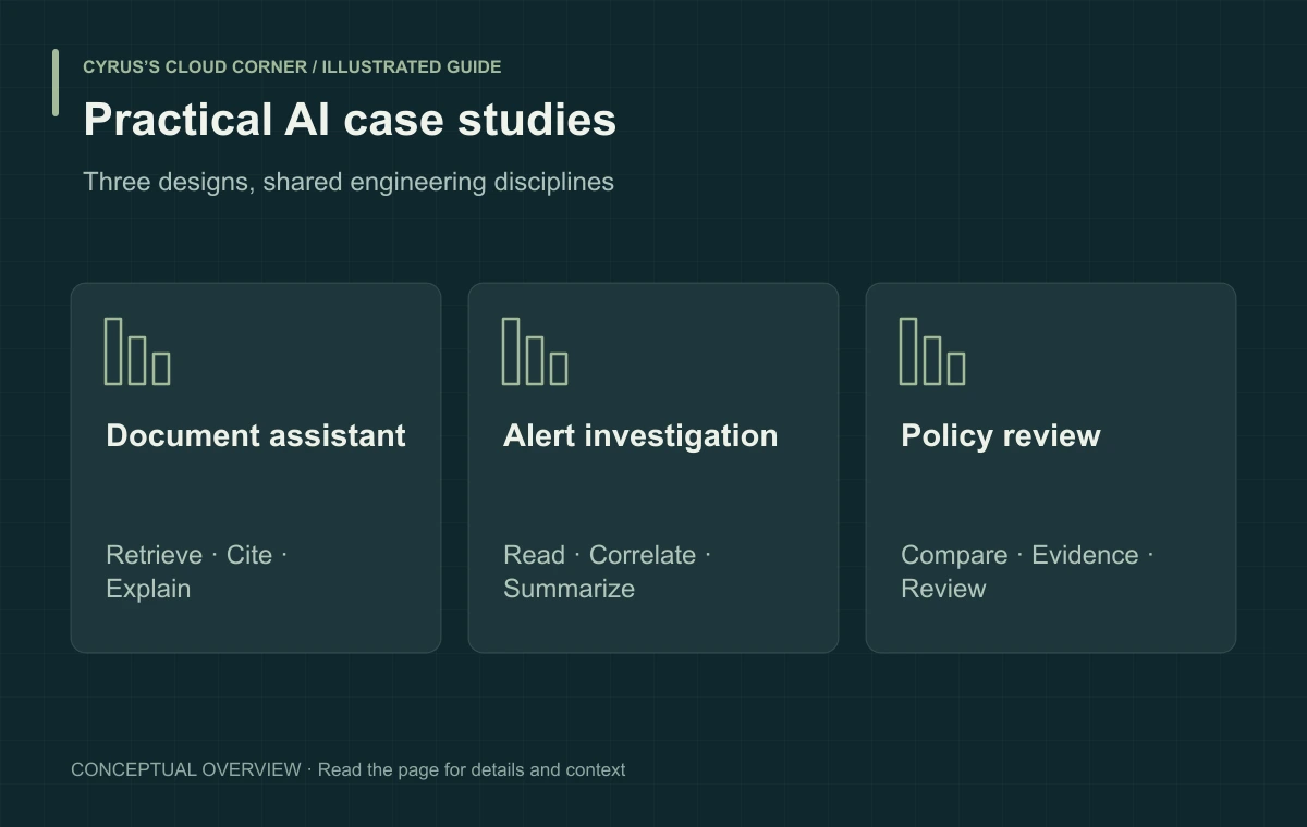 Practical AI case studies illustrated with Document assistant, Alert investigation, Policy review