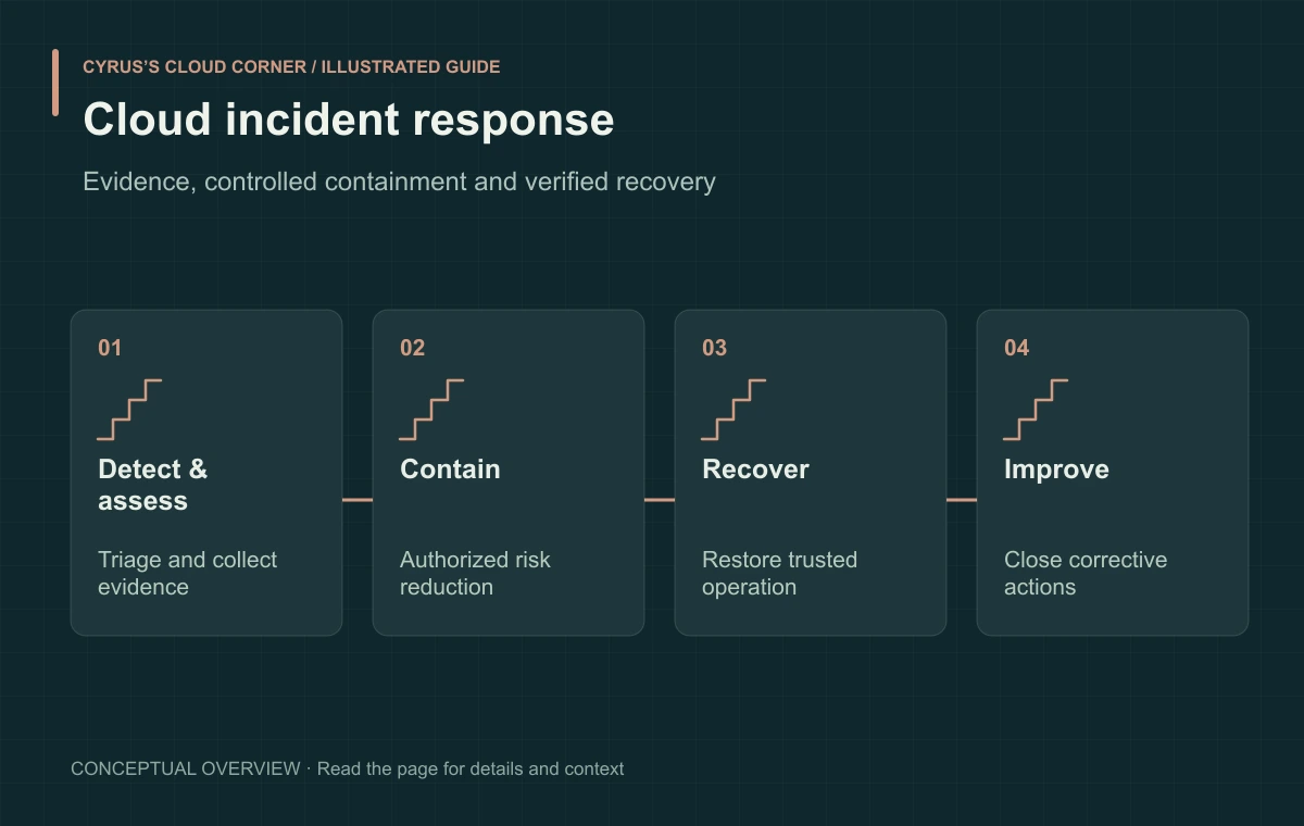 Cloud incident response illustrated with Detect & assess, Contain, Recover, Improve