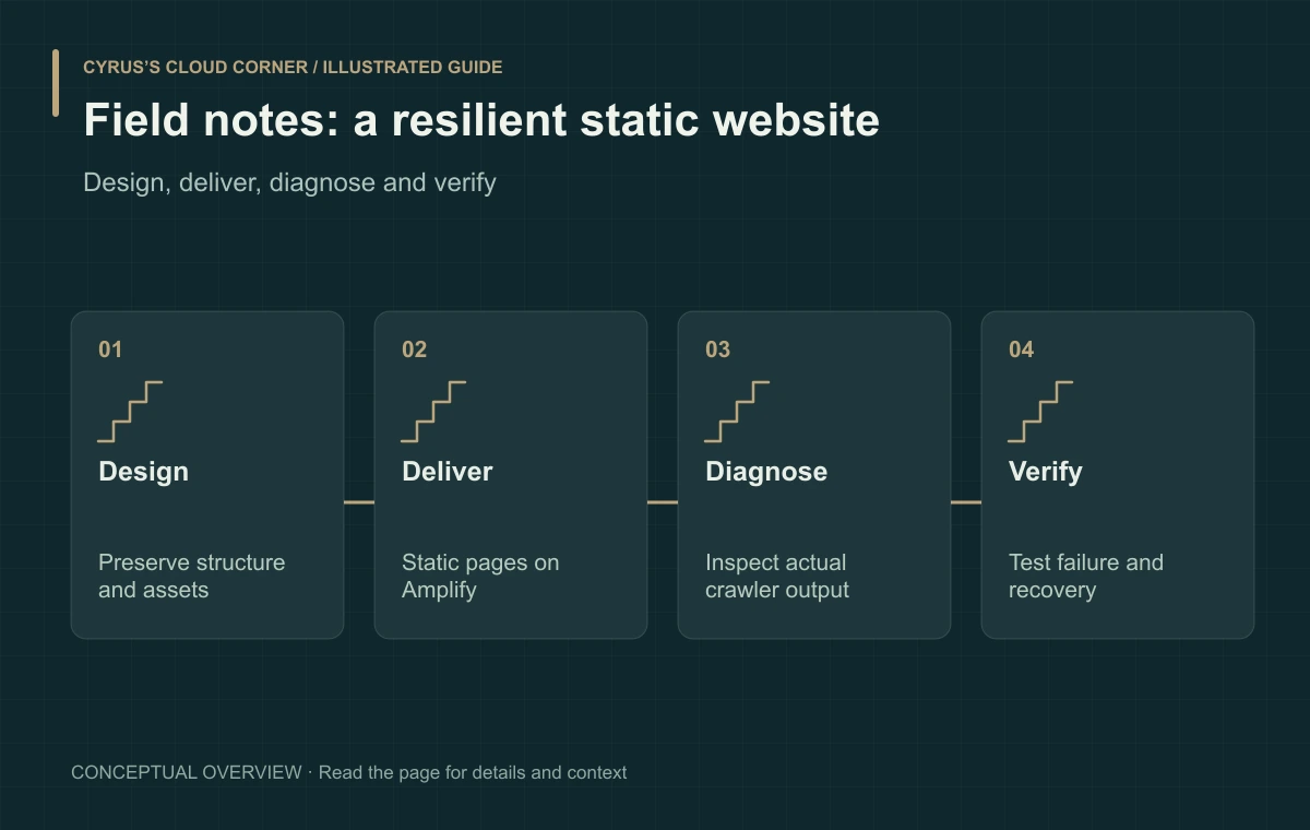 Field notes: a resilient static website illustrated with Design, Deliver, Diagnose, Verify