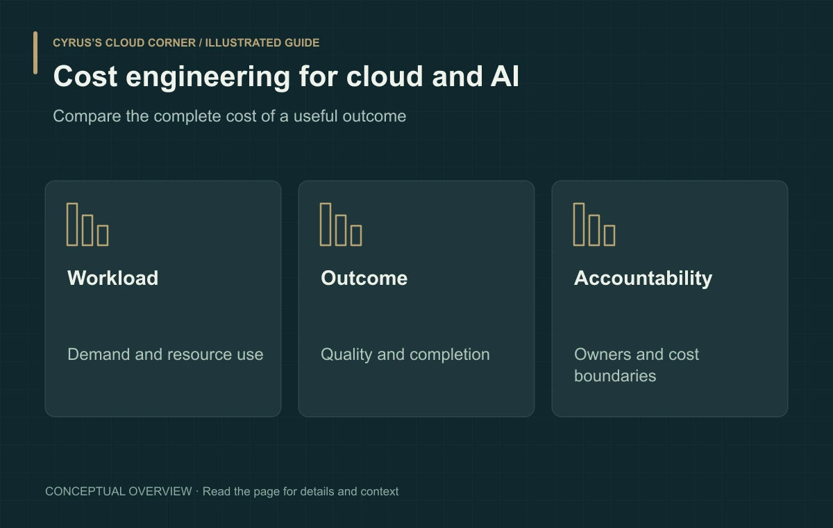 Cost engineering for cloud and AI illustrated with Workload, Outcome, Accountability