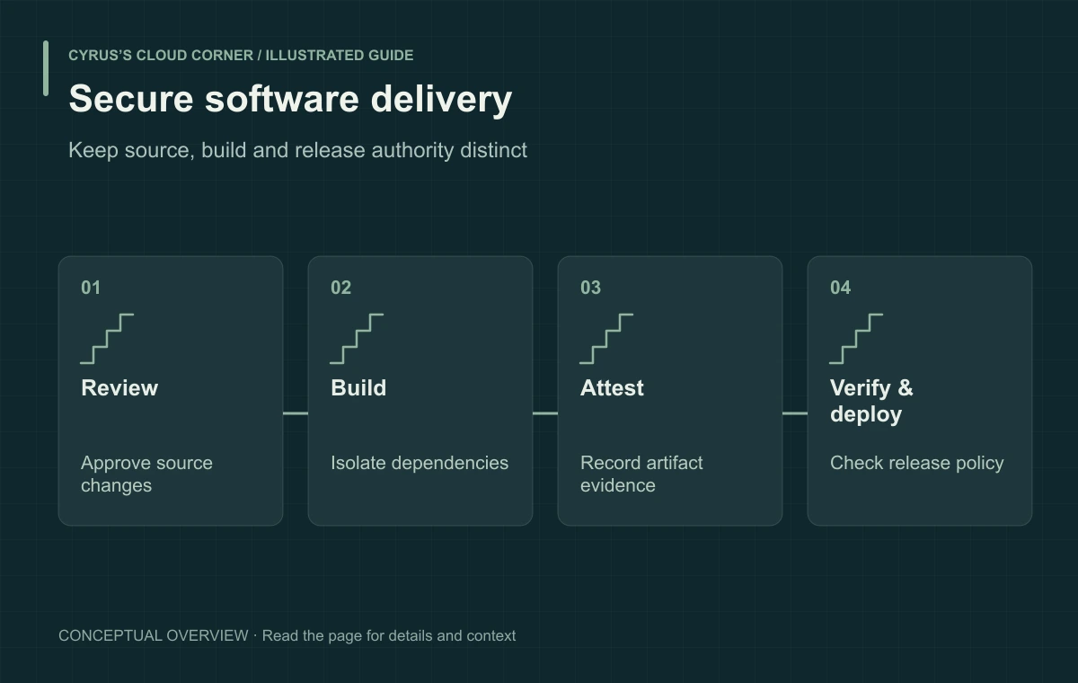 Secure software delivery illustrated with Review, Build, Attest, Verify & deploy