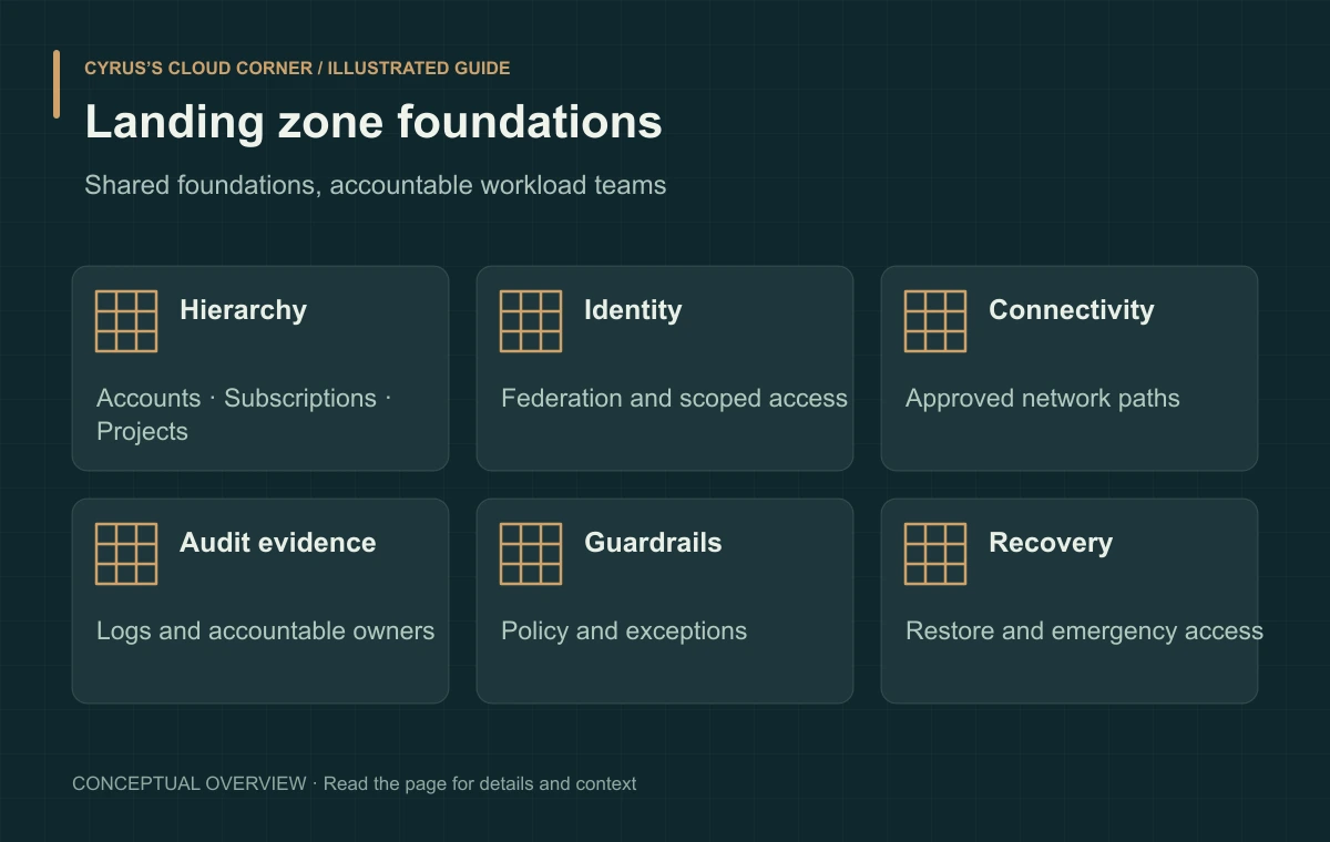 Landing zone foundations illustrated with Hierarchy, Identity, Connectivity, Audit evidence, Guardrails, Recovery