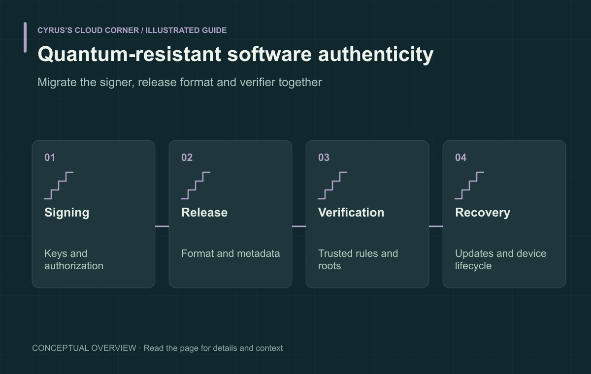 Quantum-resistant software authenticity illustrated with Signing, Release, Verification, Recovery