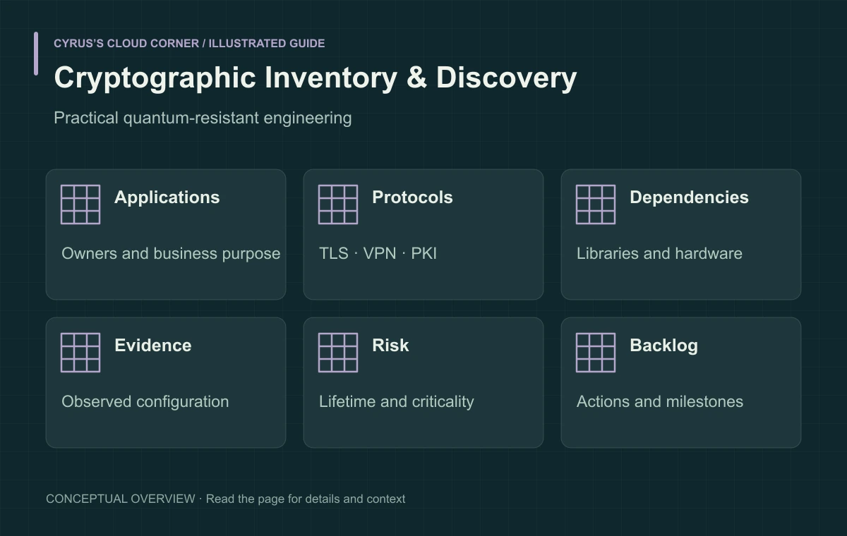 Cryptographic Inventory & Discovery illustrated with Applications, Protocols, Dependencies, Evidence, Risk, Backlog