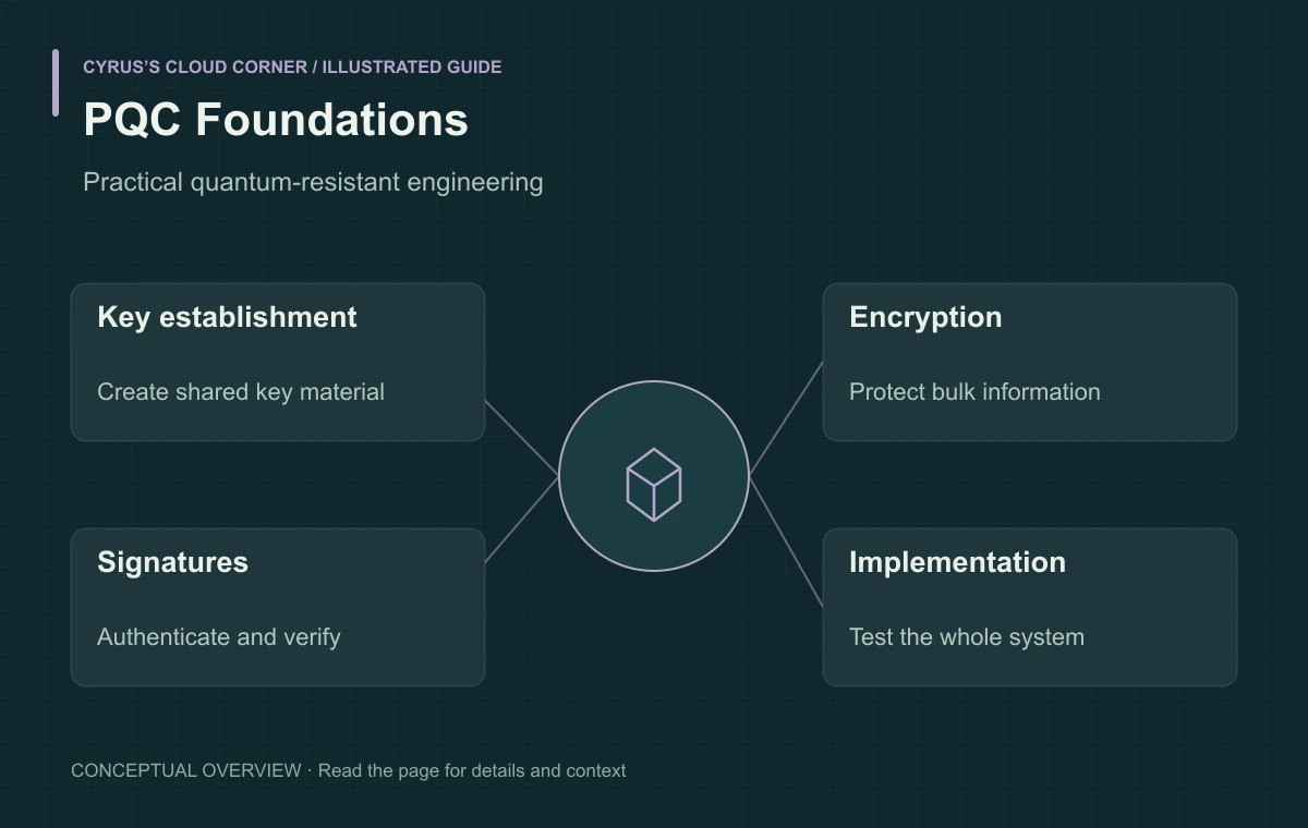 PQC Foundations illustrated with Key establishment, Encryption, Signatures, Implementation