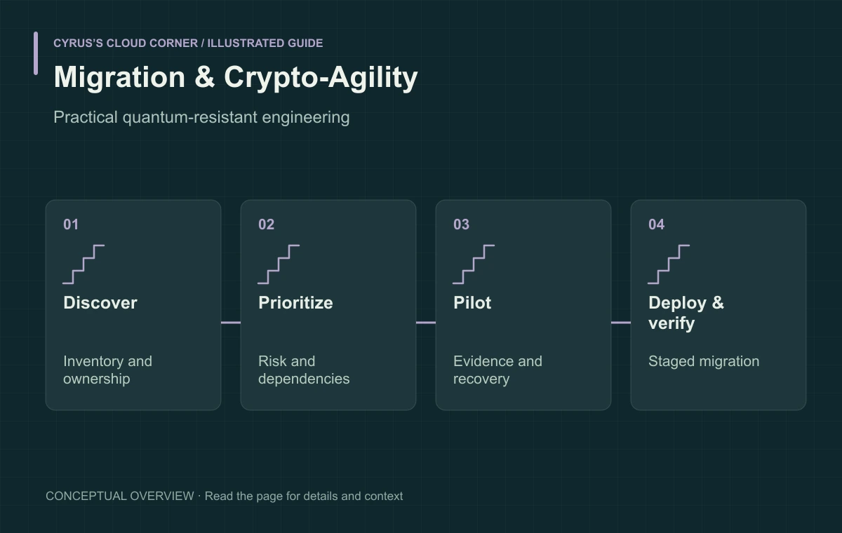 Migration & Crypto-Agility illustrated with Discover, Prioritize, Pilot, Deploy & verify