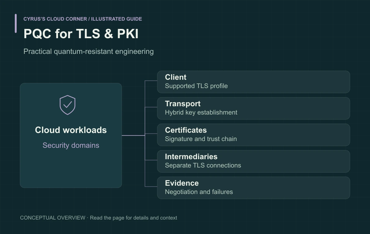 PQC for TLS & PKI illustrated with Client, Transport, Certificates, Intermediaries, Evidence